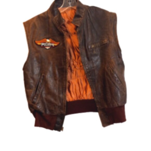 Men’s Distressed Brown Leather Vest XL Full Zip Lined Pockets Vintage w/ Patches - Picture 9 of 10